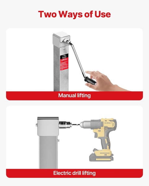 FZZD 8000 lb heavy-duty trailer jack; silver metal post shown in manual lifting and cordless drill lifting views