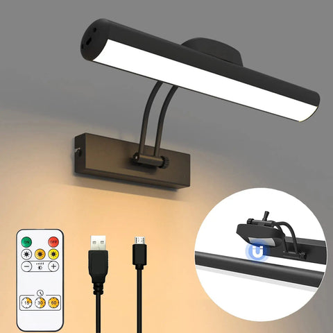 Dimmable Wireless Rechargeable Picture Light With Remote And Timer, rotatable frame light with charging cable and remote control.