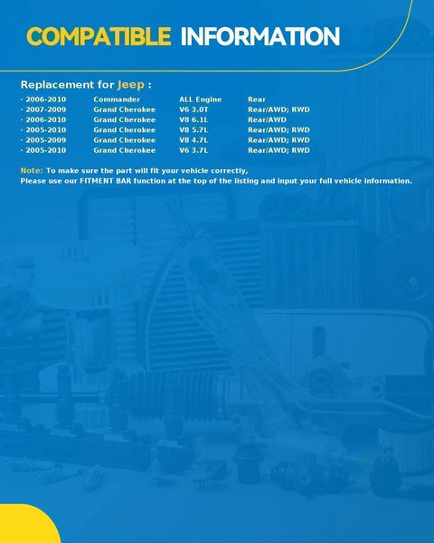 Compatibility information for Jeep rear wheel hub bearing assembly 2005-2010, listing Grand Cherokee and Commander models.