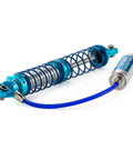 Adjustable Oil Piggyback RC Shock Absorber 70-123mm With Remote Reservoir For 1x10 Scale Crawlers, blue CNC aluminum, side view.