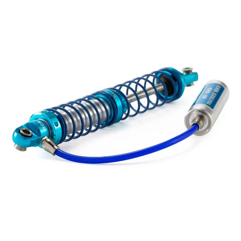 Adjustable Oil Piggyback RC Shock Absorber 70-123mm With Remote Reservoir For 1x10 Scale Crawlers, blue CNC aluminum, side view.