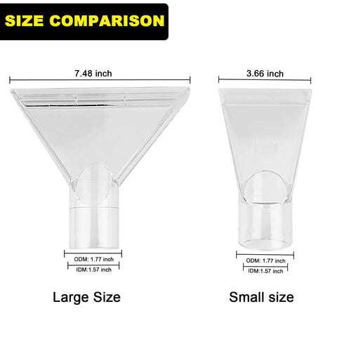 Size comparison of extractor attachment heads for wet dry vac with 7.48 inch and 3.66 inch clear heads from YSJWAER.