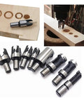 Premium 8 Piece Wood Plug Cutter Drill Bit Set Titanium Coated High Carbon Steel Go To Tool For Dowel Making In Woodworking In One Quarter Inch Three Eighths Inch One Half Inch Five Eighths Inch And Six Ten Thirteen Sixteen Millimeter Shanks displayed with wood and drill application