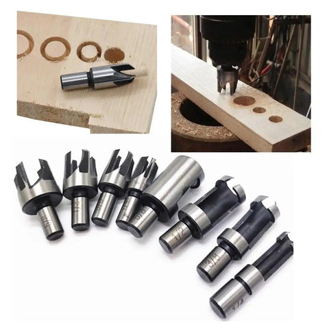 Premium 8 Piece Wood Plug Cutter Drill Bit Set Titanium Coated High Carbon Steel Go To Tool For Dowel Making In Woodworking In One Quarter Inch Three Eighths Inch One Half Inch Five Eighths Inch And Six Ten Thirteen Sixteen Millimeter Shanks displayed with wood and drill application