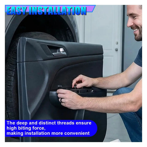 Man installing part using 100Pcs Universal Car Body Screws And Bolts Assortment Kit With Plastic Rivet U Clamps For Undertray Splash Shield Retainer Clips Grease Monkey Approved Hardware For Quick Daily Driver Fixes.