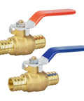 Two 3/4-inch brass PEX ball valves with orange and blue handles, full-port shut-off, crimp fittings (2-pack)