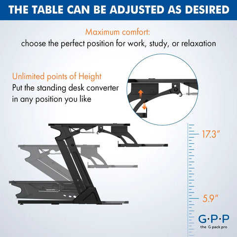 Diagram showing height adjustment of 36 Inch Wide Standing Desk Converter For Dual Monitors Sit To Stand Workstation Height Adjustable Up To 17.3 Inches With Large Keyboard Tray Black Easy Install Ergonomic Durable Pro Grade