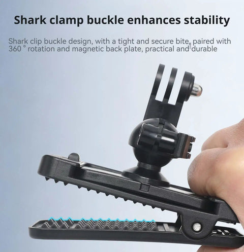 Side view of Magnetic Backplate Mount for Osmo Nano With One Quarter Inch Thread Adapter showing shark clamp design