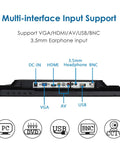 17-Inch 4:3 Security Monitor With 1280x1024 Resolution showcasing inputs: VGA, HDMI, AV, USB, BNC, with earphone jack.
