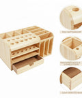 Wooden Tool Organizer Box With Divided Compartments And Vertical Tool Slots For Quick Access On Workshop Benches Or Craft Tables