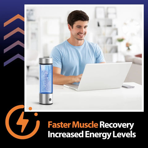 Man using laptop in office with Hydrogen Water Bottle Generator On The Go Portable Rechargeable Ionizer With SPE PEM Technology