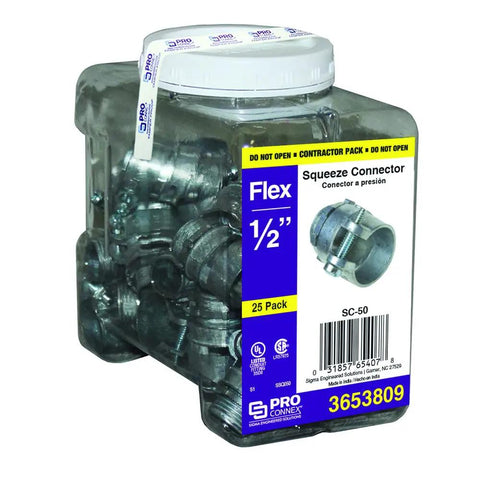 ProConnex 1/2 In Flex Squeeze Conduit Connector Fitting For AC MC FMC RWFMC Termination Zinc Die Cast 25 Pack UL CSA Listed TriCombo Screw Quick Install Works With Aluminum Or Steel 6/3 AC And MC, 25-pack jar