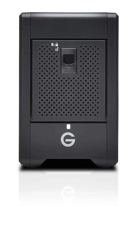 Front view of Top Shelf 16Tb Thunderbolt Portable Solid State Drive Raid Array featuring EV Bay Adapter, designed for video editing.