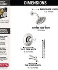 Diagram showing dimensions of Esato 14 Series Single-Handle Tub and Shower Trim Kit Chrome Finish with Valve Included H2Okinetic PowerDrench