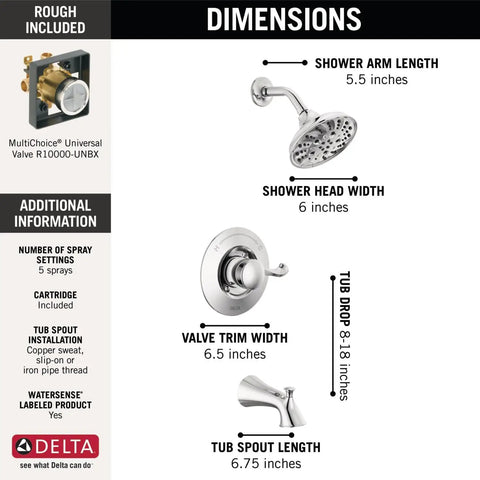 Diagram showing dimensions of Esato 14 Series Single-Handle Tub and Shower Trim Kit Chrome Finish with Valve Included H2Okinetic PowerDrench