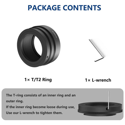 T Mount Lens Adapter T Ring M42x0.75mm For Canon RF Mount with L-wrench for manual focus conversion, package contents shown