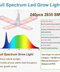 Full Spectrum LED Grow Light diagram with spectrum chart and LED specifications, part of 24x24x55 Inch Grow Tent Kit