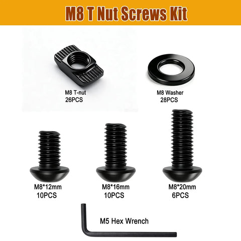 M8 T Slot Nuts Bolts And Heavy Duty Washers Assortment Kit With Hex Wrench For 4040 And 4080 Extrusions showing various sizes and types.