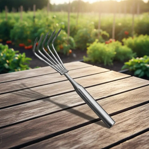 Stainless Steel Lawn Rake With Ergonomic Long Handle For Easy Weeding And Leaf Clearing Multi Claw Garden Heavy Duty Rake on table