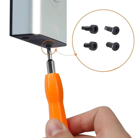 Heavy Duty Replacement Doorbell Screws Top Shelf Security Hardware Kit For Video Doorbells Built Tough Mounting System Corrosion Resistant Stainless Steel quick install screwdriver in action with black screws.