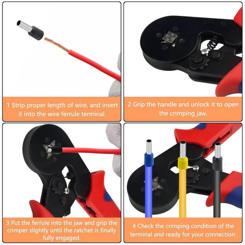 All In One Wire Ferrule Kit With Crimp Terminals And Self Adjustable Ratchet Tool, 440 Pcs shown with crimping steps and tools