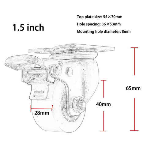 Beefy Heavy Duty Swivel Trolley Wheels With Brake, 1.5 Inch polyurethane iron core castor with 55x70mm top plate, 28mm wheel