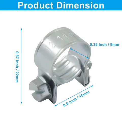 12 Pack 12 To 14mm 304 Stainless Steel Mini Fuel Injection Hose Clamps Set showing dimensions, 0.87 inch height, 0.6 inch width.