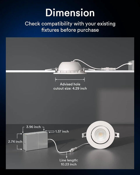 Lumary Smart Gimbal Recessed Lighting 4 Inch dimensions with advised cutout size, showing detailed measurements for fit.