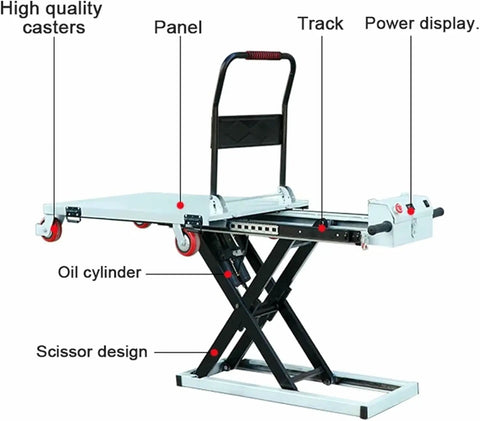 Heavy-Duty Electric Scissor Lift Table Rides With 300kg Capacity, hydraulic power with shown features like scissor design and panels.