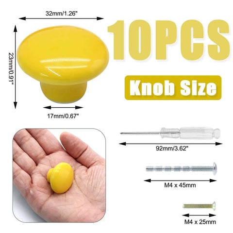Top Shelf Yellow Ceramic Kitchen Cabinet Knobs, Super Solid 32 mm Round Pull Handles, 10 pack with screwdriver and screws