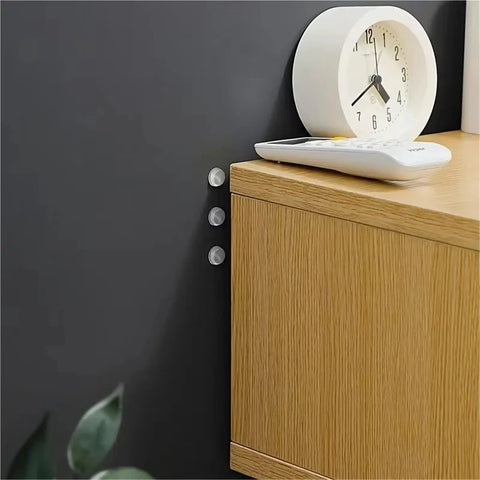 Bulk 1000 Pack Silicone No Slip Pads For Drawers And Cabinets, Soft Rubber Feet on wood cabinet with clock
