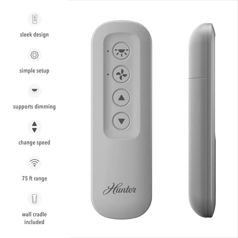 Front and side view of Universal Ceiling Fan Remote Control Kit With Wall Mount And Receiver For Easy Speed And Light Control No Brainer Dimming Ready Works With Most Brands Dove Grey 99770