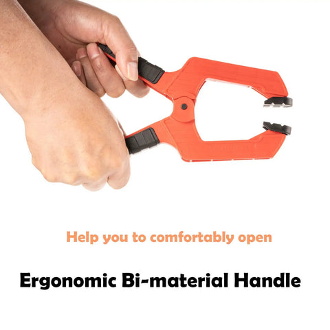 User holding 9 Inch Heavy Duty Spring Clamps With Kickass Grip Rock Solid Build Hella Durable Engineering Plastic And Soft Bi Material Handles Sweet For Woodworking And Quick Shop Fixes 2 Piece Set with ergonomic handle.