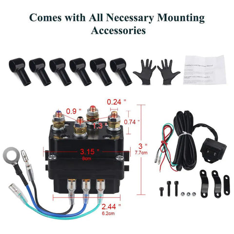 Beefy 12V 250A Winch Relay Solenoid Contactor Thumb Switch Kit with accessories and wiring diagram