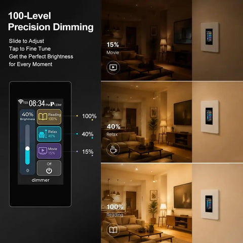 Slick Smart Dimmer Switch With A Nifty LCD Touchscreen And Ultra Smooth 100 Level Brightness Control displaying dimming levels in a cozy living room.