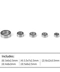 Beefed Up Steel Sealed Bearing Kit For TRX4M 1 By 18 RC Crawler, 22Pcs in sizes 3x6x2.5mm to 8x12x3.5mm, black and grey shown