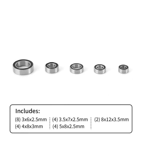 Beefed Up Steel Sealed Bearing Kit For TRX4M 1 By 18 RC Crawler, 22Pcs in sizes 3x6x2.5mm to 8x12x3.5mm, black and grey shown