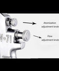 Close-up of the adjustment knobs on the Badass Pneumatic Spray Gun With One Point Five Mm Nozzle W Seven One Model for precise control.