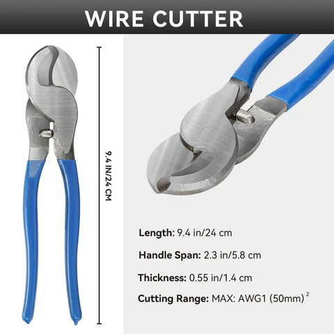 Beefy Heavy Duty Battery Cable Lug Crimping Tool With Cutter Rotatable Jaw Six Crimp Sizes 10 8 6 4 2 1 AWG, blue handle