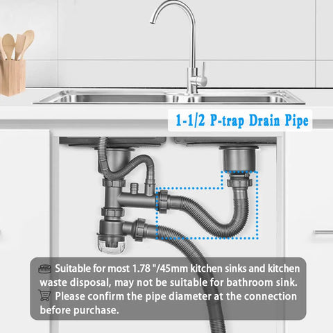 Kitchen sink with 1-1/2 P-trap drain pipe and garbage disposal, showing flexible tubing and connections under the sink.