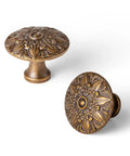 Six Pack Antique Brass Cabinet Knobs Featuring Intricate Vintage Mandala Design Ideal For Dressers Cabinets And Drawers Great For Restoring Antique Furniture And Creating Classic Farmhouse Style, pair