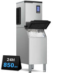 Commercial Ice Machine Delivers 850 Lbs Per Day, 460 Lbs Ice Storage, Heavy Duty Workhorse Ice Maker, stainless steel, front view