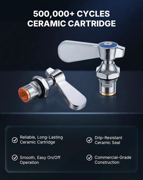 500,000+ cycles ceramic cartridge for Lead-Free 8 Inch Center Wall Mount 3 Compartment Sink Faucet with 8" Spout.