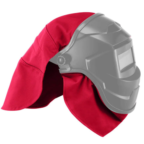 Welding Helmet Cover And Bib Set With Flame Retardant Fabric For Neck Protection Red 2 Piece Safety Gear installed on helmet