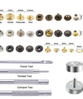 400 Piece Leather Fasteners Kit With Rivets, Eyelets, Grommets, Snaps And Binding Screws, Includes Fixing Tools For Thin Leather, Jackets And Jeans DIY Projects, showing various pieces and tools.