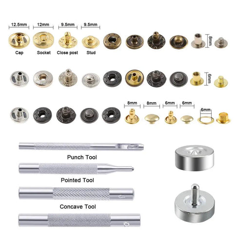 400 Piece Leather Fasteners Kit With Rivets, Eyelets, Grommets, Snaps And Binding Screws, Includes Fixing Tools For Thin Leather, Jackets And Jeans DIY Projects, showing various pieces and tools.