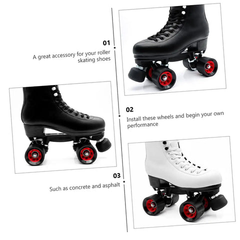 Black and white skates with Double Row Roller Skating Wheels 95A PU Wear Resistant Inline and Quad Skates Replacement Parts Kit