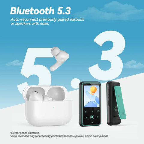Clip On 64GB MP3 Player With Bluetooth 5.3 FM Radio And Voice Recorder Up To 128GB With Micro SD Model M2 shown with earbuds