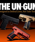 Top Shelf Non Lethal Kinetic Launcher Setup For Real Talk Home Defense And Street Smart Personal Protection With Sticky Honeycomb Grip Fast Aim Optics Orange Design Proudly Made In Usa showing three non-lethal launchers in black, gold, and red colors.