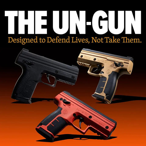 Top Shelf Non Lethal Kinetic Launcher Setup For Real Talk Home Defense And Street Smart Personal Protection With Sticky Honeycomb Grip Fast Aim Optics Orange Design Proudly Made In Usa showing three non-lethal launchers in black, gold, and red colors.